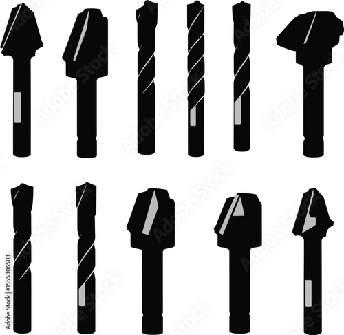 Colorful drill bits vector illustration showcasing a vibrant assortment of industrial and DIY tools, ideal for construction, carpentry, and repair-themed designs.
