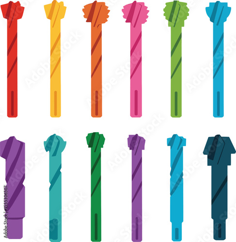 Colorful drill bits vector illustration showcasing a vibrant assortment of industrial and DIY tools, ideal for construction, carpentry, and repair-themed designs.