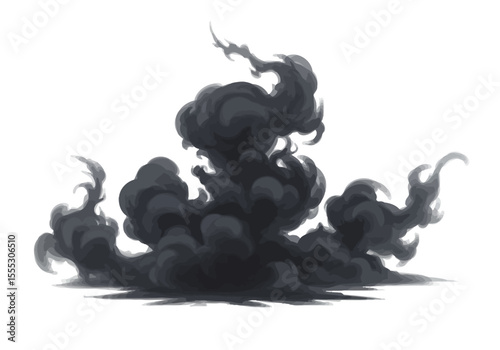 A grey billowy mass of smoke rises swirling and spreading