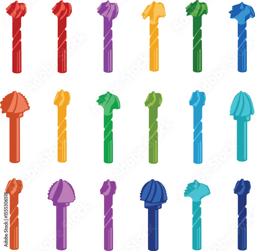 Colorful drill bits vector illustration showcasing a vibrant assortment of industrial and DIY tools, ideal for construction, carpentry, and repair-themed designs.