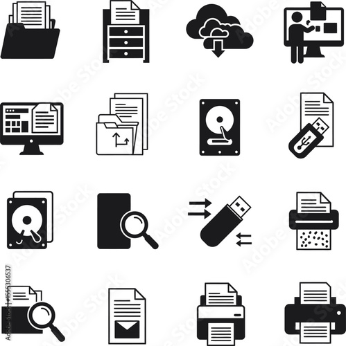 Vector and illustration of essential file management icons, a comprehensive silhouette set representing documents, folders, data, and digital operations for business and technology.