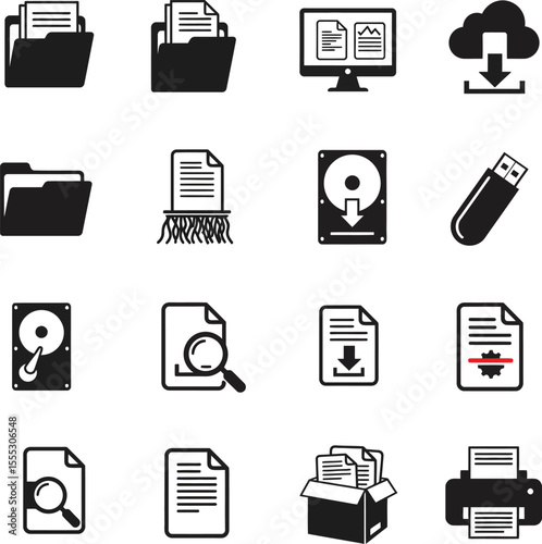 Vector and illustration of essential file management icons, a comprehensive silhouette set representing documents, folders, data, and digital operations for business and technology.