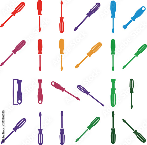 Vector and illustration of a diverse collection of colorful flathead screwdrivers, perfect for home improvement, DIY, and professional repair projects.