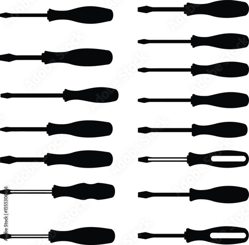 Vector and illustration of a diverse collection of colorful flathead screwdrivers, perfect for home improvement, DIY, and professional repair projects.