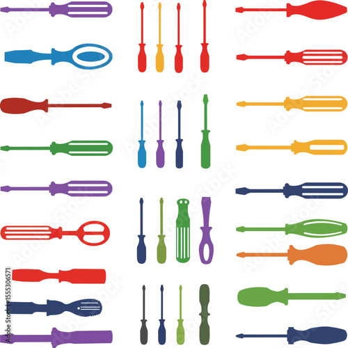 Vector and illustration of a diverse collection of colorful flathead screwdrivers, perfect for home improvement, DIY, and professional repair projects.