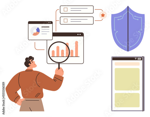 Man examines analytics with a magnifying glass, focusing on charts and data on screens. Nearby, a shield and mobile interface highlight protection, insights, strategy, and innovation. Ideal