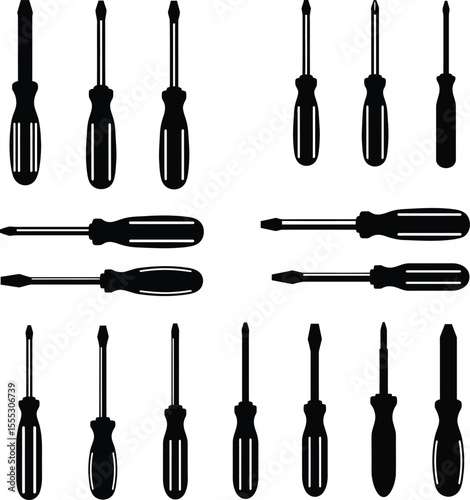 Vector and illustration of various screwdriver silhouettes, a comprehensive collection of essential hand tools for repair, construction, electrical, and DIY projects.