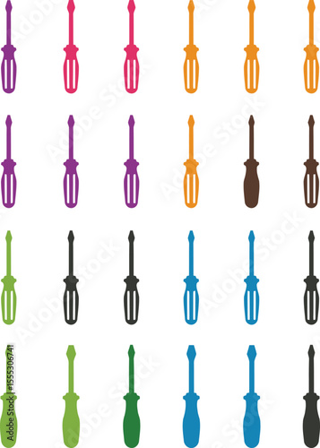 Vector and illustration of colorful screwdrivers, a vibrant collection of essential hand tools for home repair, DIY projects, and professional electrical work.