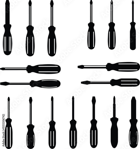 Vector and illustration of various screwdriver silhouettes, a comprehensive collection of essential hand tools for repair, construction, electrical, and DIY projects.