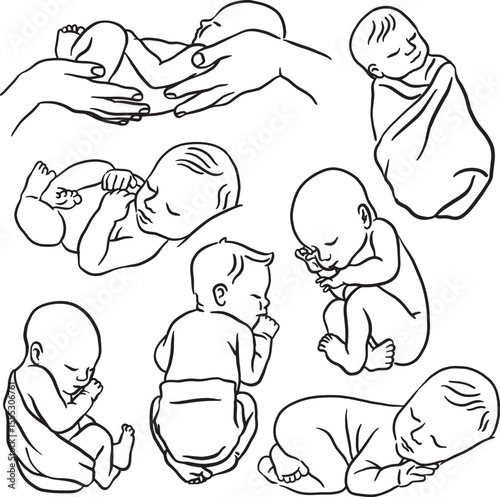 Line art illustration collection of sleeping babies. Minimalist and delicate drawings showing babies in various sleep positions. Perfect for baby products, nursery decoration, birth announcements, sta