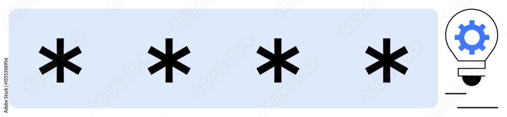 Fototapeta premium Light bulb with gear inside symbolizing innovation next to four password asterisks. Ideal for technology, security, creativity, digital tools, problem-solving, cybersecurity, abstract concepts