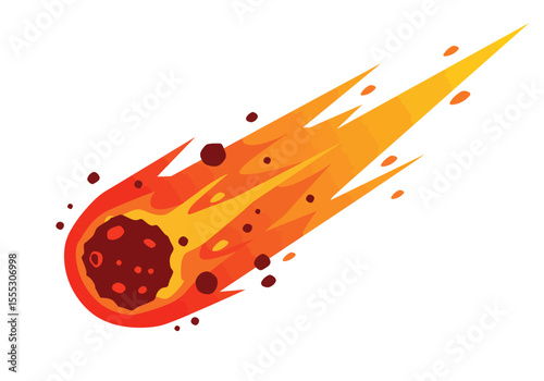 An illustration depicts a red and orange meteor hurtling through space with a fiery tail and small debris