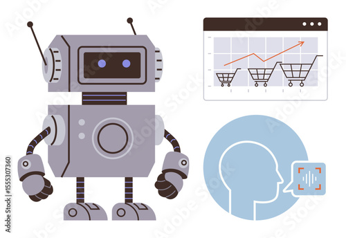 Robot beside cart chart representing e-commerce trends and analytics head silhouette with voice recognition. Ideal for AI, e-commerce, automation, tech, digital marketing, innovation, simple flat