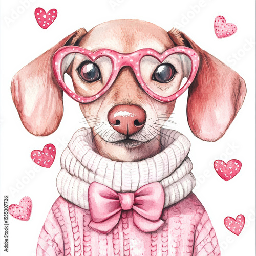 Cute watercolor illustration of a brown dog wearing pink heart-shaped glasses and a white sweater with a bow tie, surrounded by hearts, fashion animal art for Valentine's Day and kids decor