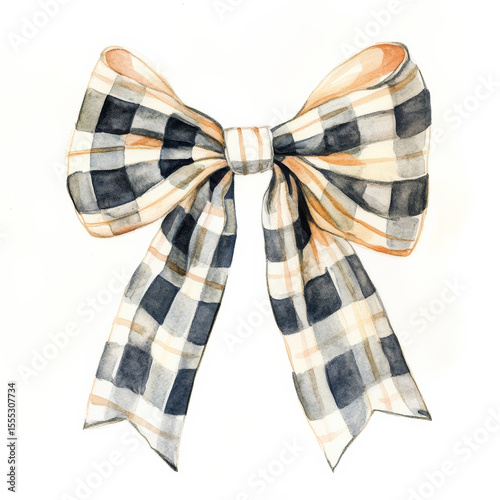Elegant watercolor plaid ribbon bow in beige and black tones, vintage festive checkered bow knot, perfect for rustic wedding decor, packaging design, DIY crafts, and fashion accessories