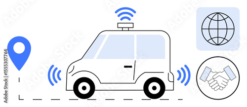Smart car with wireless signals, GPS pin, handshake icon, and globe. Ideal for technology, mobility, innovation, automation connectivity partnership future trends. Simple flat metaphor