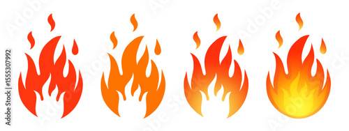 Fire flame, burning bonfire, red flaming blaze, danger flammable safety warning sign. Heating, warm temperature. Ignition, light campfire with sparks. Hot cooking. Bright fiery glow fireplace. Vector