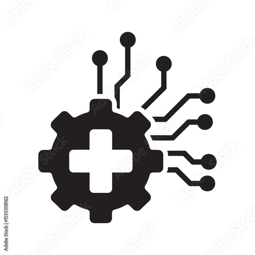 Healthcare technology glyph icon showing medical cross in gear with circuits for health system process automation vector design vector solid glyph icon