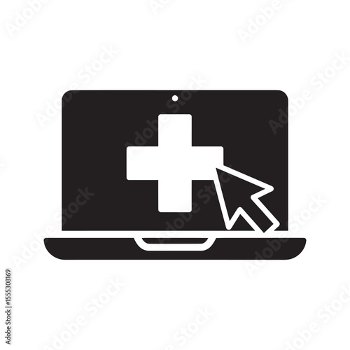 Telehealth service glyph icon showing medical cross on laptop screen for virtual consultation and online doctor vector illustration vector solid glyph icon