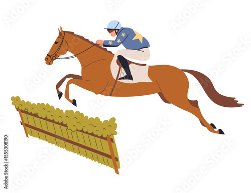 Horse and jockey jumping over obstacle during steeplechase