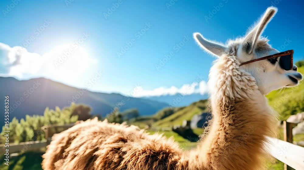 Close-up of a cool llama with sunglasses against a bright blue sky and sunny green hills in a playful and humorous setting.