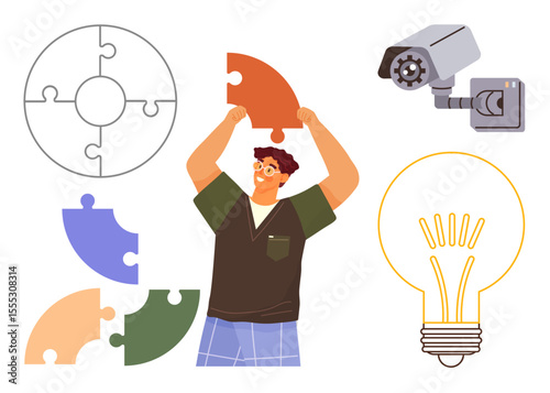 Man solving puzzle piece, light bulb for innovation, security camera for surveillance. Ideal for problem solving, creativity, innovation, teamwork, strategy security collaboration. Simple flat