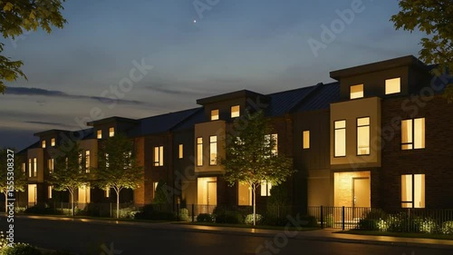 Modern Townhouses Exterior at Sunset in Suburban Neighborhood