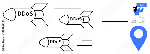 Missiles labeled DDoS aimed at a target, paired with a person coding and an address marker. Ideal for network security, cybercrime, hacking, online threats, IT defense, system overload, simple