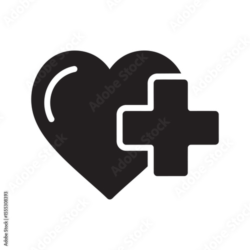 Add to health glyph icon with heart and plus symbol representing charity medical donation and new patient care vector illustration vector solid glyph icon