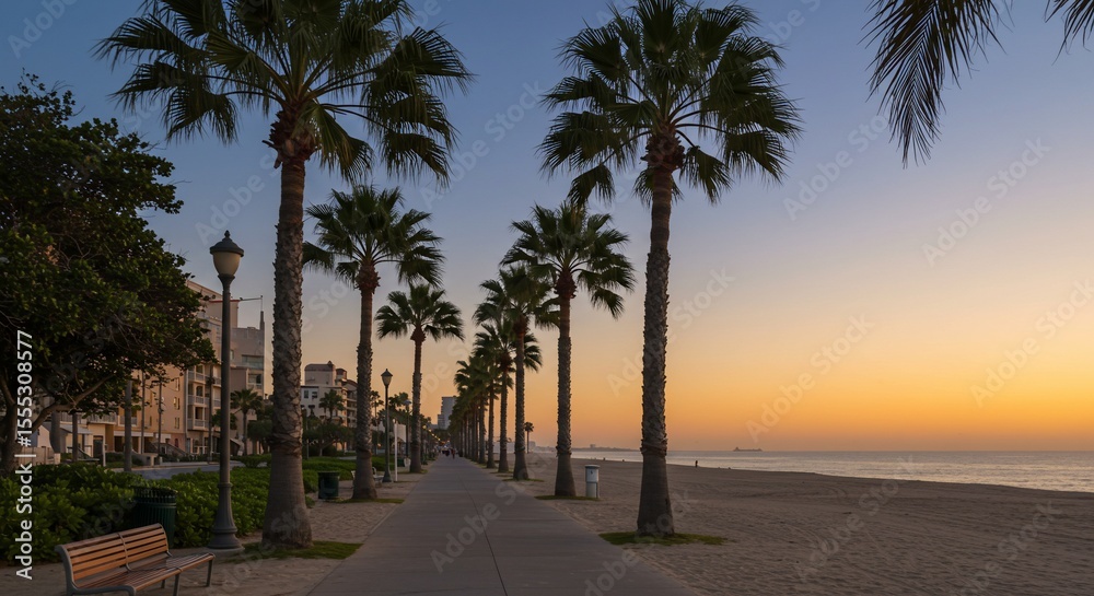 Obraz premium Golden Sunrise over a Palm Tree Lined Beach Path