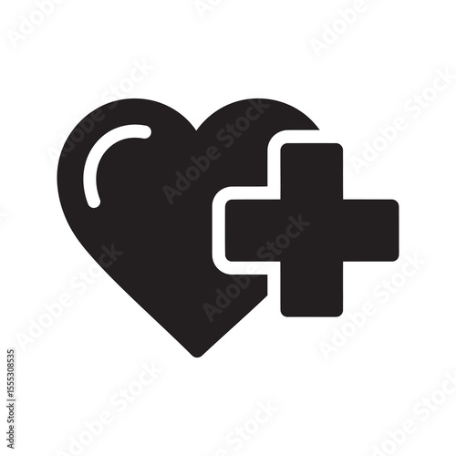 Cardiology health glyph icon showing heart with medical plus symbol for patient care and cardiovascular treatment vector vector solid glyph icon