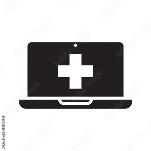 Online medical consultation glyph icon with laptop computer and healthcare cross for telehealth services vector illustration vector solid glyph icon