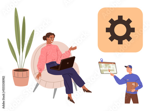 Woman working on laptop in chair, courier holding tablet with delivery info, settings gear icon, and potted plant. Ideal for teamwork, logistics, remote work, technology, delivery services