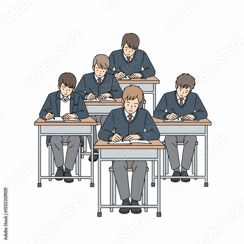 Vector set of students seriously working on exams