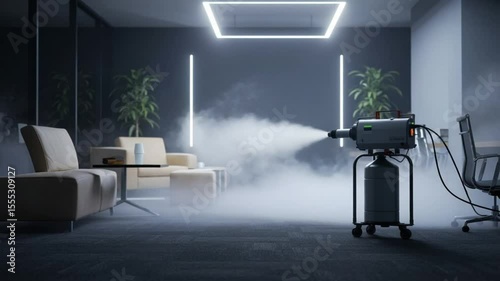 Spraying Disinfectant Fog Inside Modern Office Space