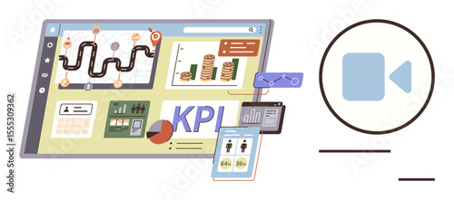 Business dashboard with charts, graphs, KPI metrics, and analytics tools connecting insights across devices. Ideal for business analysis, performance tracking, financial management, productivity
