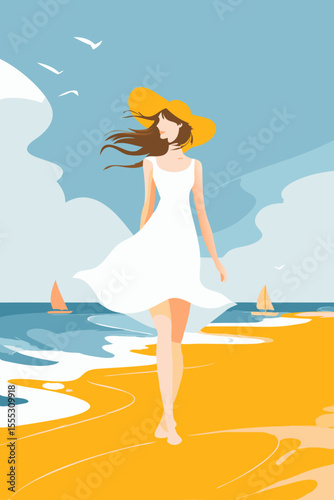 Chic woman in a flowing white dress strolls along a sunny beach, with golden sand and gentle waves, embodying modern summer vacation relaxation and resort life