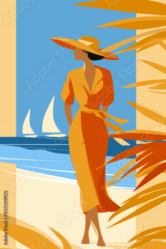 Chic woman in a vibrant yellow dress and wide-brimmed hat strolls along a sunlit beach, surrounded by palm leaves, embodying modern summer vacation relaxation and resort life