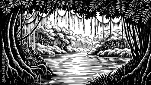 Jungle river snaking through dense tropical trees and vines, a black and white sketch vector hand drawn