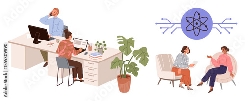 Office workers at desks collaborating, two colleagues having informal discussions, and a technology vector symbol. Ideal for teamwork, innovation, communication, productivity, brainstorming