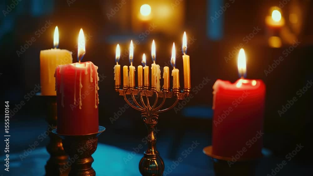 A traditional Jewish Shabbat dinner with lit candles, kosher food, and prayer.