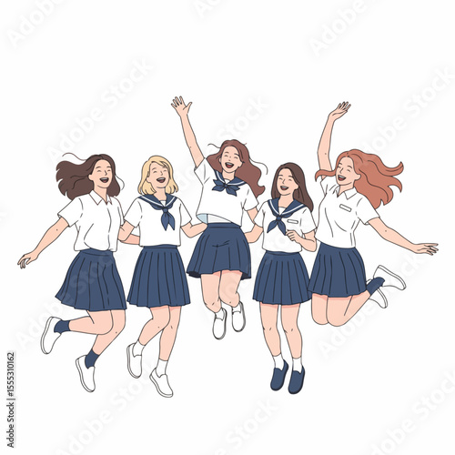 Vector set of schoolgirls jumping happily
