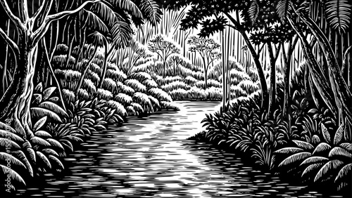 Jungle river snaking through dense tropical trees and vines, a black and white sketch vector hand drawn