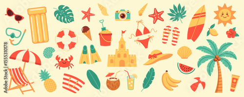 Flat vector colorful set of summer vacation cartoon elements featuring beach gear, fruits, sun, palm tree and tropical travel items. Collection hand drawn modern items, signs for card, scrapbooking.