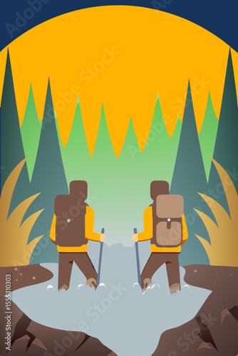 Two hikers with backpacks crossing a stream in a vibrant forest, surrounded by tall trees and a colorful sunset, embodying the spirit of outdoor adventure and exploration