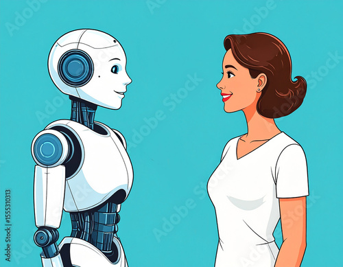 Woman talking to ai robot on solid blue background