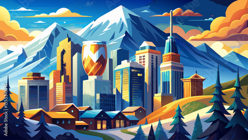 Skyscrapers shine under a blue alpine sky, backed by snow-dusted peaks. Cyclists ride through leafy boulevards, and breweries bustle with golden afternoon light. Parks and sculptures blend nature with