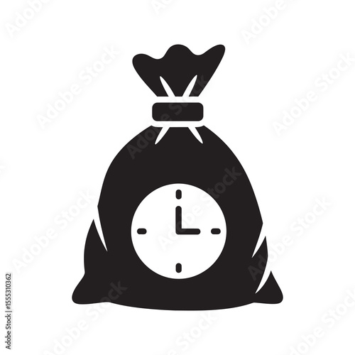 Waste collection schedule glyph icon showing trash bag with a clock for garbage pickup time and disposal deadline vector vector solid glyph icon