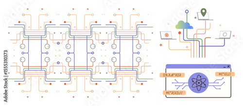 Circuit-thumbs up network connecting quantum computing core, data nodes, cloud storage, map pin, and analytics. Ideal for technology, AI, data science, connectivity cloud solutions innovation