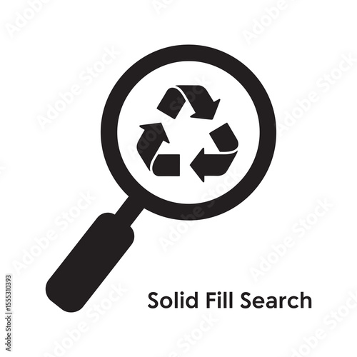 Solid fill search glyph icon with magnifying glass over recycle symbol for waste analysis and eco audit vector illustration design vector solid glyph icon